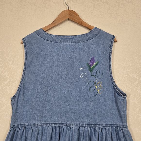 VTG PTNY Denim Jean Midi Dress Jumper XL Blue Cotton Sleeveless Painted Design - Picture 11 of 16